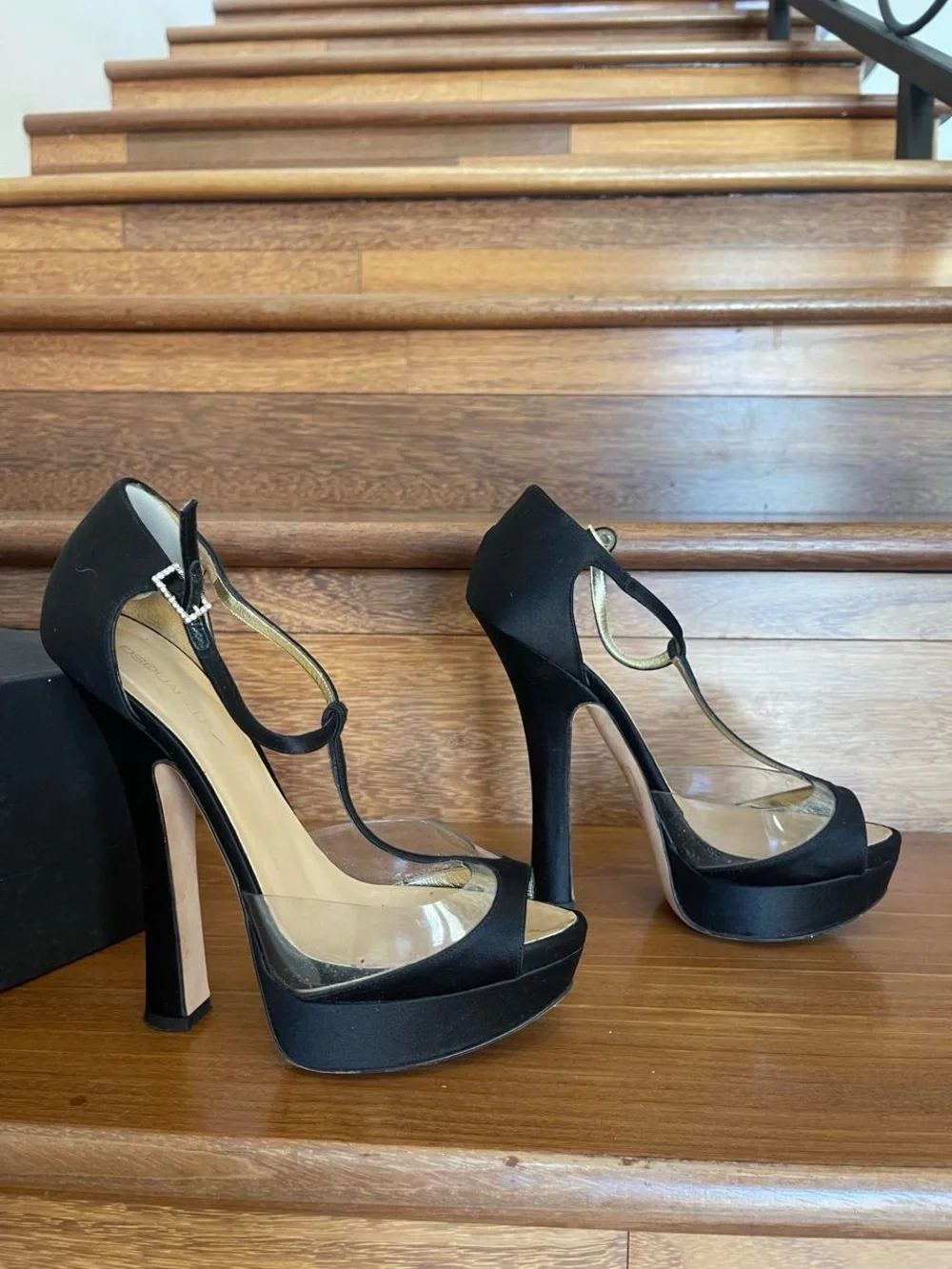 DSQUARED2 Black Satin T-Strap Platform Pumps